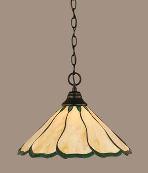 Chain Hung Pendant Shown In Matte Black Finish With 16" Honey & Hunter Green Flair Tiffany Glass