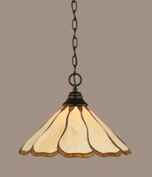 Chain Hung Pendant Shown In Matte Black Finish With 16" Honey & Brown Flair Tiffany Glass