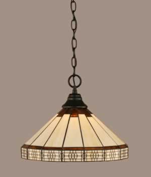 Chain Hung Pendant Shown In Matte Black Finish With 15" Honey & Brown Mission Tiffany Glass