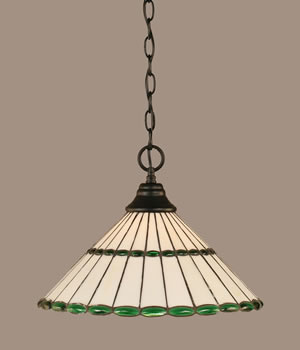 Chain Hung Pendant Shown In Matte Black Finish With 15.5" Honey Glass & Green Jewels Tiffany Glass