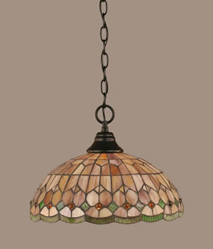 Chain Hung Pendant Shown In Matte Black Finish With 15" Rosetta Tiffany Glass