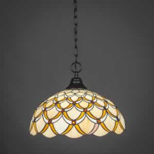 Chain Hung Pendant Shown In Matte Black Finish With 16" Honey & Brown Scallop Tiffany Glass