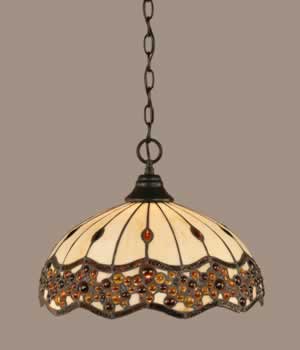 Chain Hung Pendant Shown In Matte Black Finish With 16" Roman Jewel Tiffany Glass