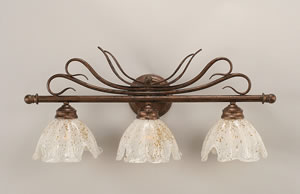 Swan 3 Light Bath Bar Shown In Bronze Finish With 7" Gold Ice Glass