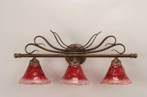 Swan 3 Light Bath Bar Shown In Bronze Finish With 7" Raspberry Crystal Glass