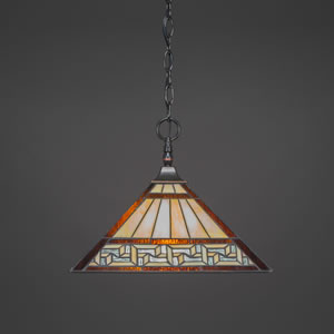 Chain Hung Pendant With Square Fitter Shown In Black Copper Finish With 14" Greek Key Tiffany Glass
