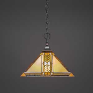 Chain Hung Pendant With Square Fitter Shown In Black Copper Finish With 14" Santa Cruz Tiffany Glass