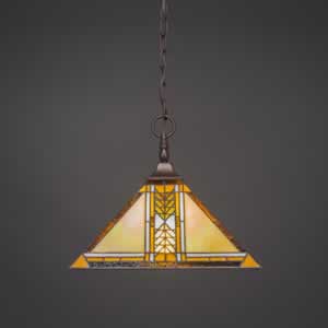 Chain Hung Pendant Shown In Bronze Finish With 14" Santa Cruz Tiffany Glass