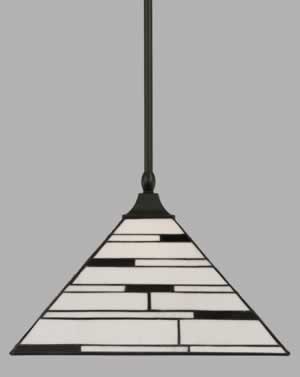 Stem Hung Pendant With Square Fitter And Hang Straight Swivel Shown In Matte Black Finish With 14" Pearl Ebony Tiffany Glass