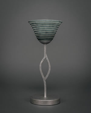 Revo Mini Table Lamp Shown in Aged Silver Finish With 7" Charcoal Spiral Glass