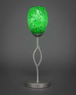 Revo Mini Table Lamp Shown in Aged Silver Finish With 5" Green Fusion Glass