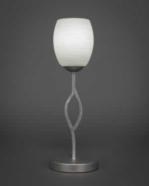Revo Mini Table Lamp Shown in Aged Silver Finish With 5" White Linen Glass