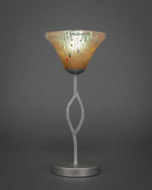 Revo Mini Table Lamp Shown in Aged Silver Finish With 7” Amber Crystal Glass