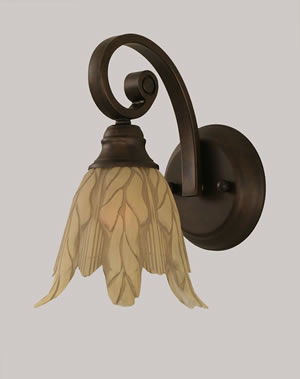 Curl Wall Sconce Shown In Bronze Finish With 7" Vanilla Leaf Glass
