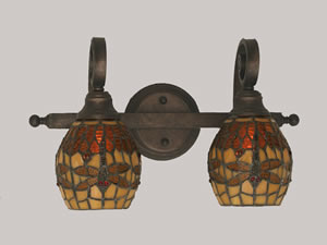 Curl 2 Light Bath Bar Shown In Bronze Finish With 5.5" Amber Dragonfly Tiffany Glass