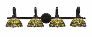 Curl 4 Light Bath Bar Shown In Bronze Finish With 7" Amber Dragonfly Tiffany Glass