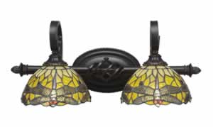 Eleganté 2 Light Bath Bar Shown In Dark Granite Finish With 7" Amber Dragonfly Tiffany Glass