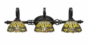 Eleganté 3 Light Bath Bar Shown In Dark Granite Finish With 7" Amber Dragonfly Tiffany Glass