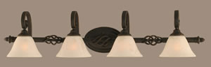 Eleganté 3 Light Bath Bar Shown Dark Granite finish 4 light Bath bar with 7" White Marble glass