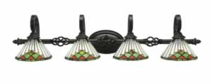 Eleganté 4 Light Bath Bar Shown In Dark Granite Finish With 7" Green Sunray Tiffany Glass