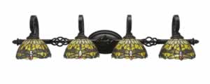 Eleganté 4 Light Bath Bar Shown In Dark Granite Finish With 7" Amber Dragonfly Tiffany Glass