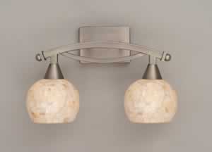 Bow 2 Light Bath Bar Shown In Brushed Nickel Finish with 6" Seashell Glass