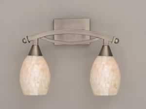 Bow 2 Light Bath Bar Shown In Brushed Nickel Finish with 5" Seashell Glass