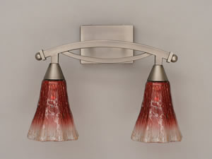Bow 2 Light Bath Bar Shown In Brushed Nickel Finish With 5.5" Fluted Raspberry Crystal Glass