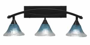 Bow 3 Light Bath Bar Shown In Black Copper Finish with 7" Teal Crystal Glass