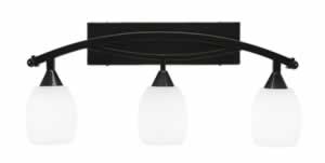 Bow 3 Light Bath Bar Shown In Black Copper Finish with 5" White Linen Glass Bulb Off
