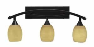 Bow 3 Light Bath Bar Shown In Black Copper Finish with 5" Cayenne Linen Glass Bulb Off