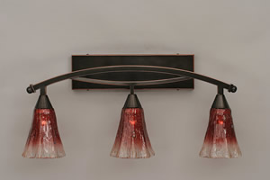 Bow 3 Light Bath Bar Shown In Black Copper Finish with 5.5" Raspberry Crystal Glass