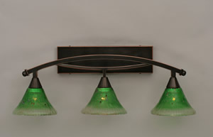 Bow 3 Light Bath Bar Shown In Black Copper Finish with 7" Kiwi Green Crystal Glass
