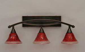 Bow 3 Light Bath Bar Shown In Black Copper Finish with 7" Raspberry Crystal Glass
