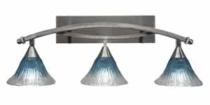 Bow 3 Light Bath Bar Shown In Brushed Nickel Finish with 7" Teal Crystal Glass