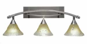 Bow 3 Light Bath Bar Shown In Brushed Nickel Finish with 7" Amber Crystal Glass