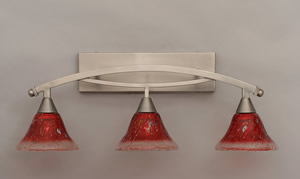 Bow 3 Light Bath Bar Shown In Brushed Nickel Finish with 7" Raspberry Crystal Glass