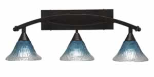 Bow 3 Light Bath Bar Shown In Bronze Finish with 7" Teal Crystal Glass