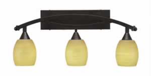 Bow 3 Light Bath Bar Shown In Bronze Finish with 5" Cayenne Linen Glass Bulb On