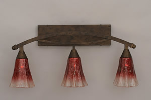 Bow 3 Light Bath Bar Shown In Bronze Finish with 5.5" Raspberry Crystal Glass