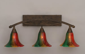 Bow 3 Light Bath Bar Shown In Bronze Finish with 8" Mardi Gras Glass