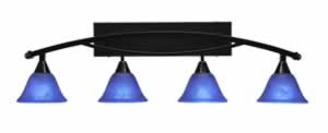 Bow 4 Light Bath Bar Shown In Black Copper Finish with 7" Blue Italian Glass