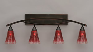 Bow 4 Light Bath Bar Shown In Black Copper Finish with 5.5" Raspberry Crystal Glass