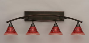 Bow 4 Light Bath Bar Shown In Black Copper Finish with 7" Raspberry Crystal Glass