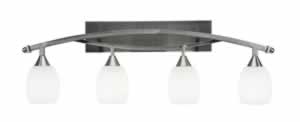 Bow 4 Light Bath Bar Shown In Brushed Nickel Finish with 5" White Linen Glass Bulb On