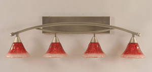 Bow 4 Light Bath Bar Shown In Brushed Nickel Finish with 7" Raspberry Crystal Glass