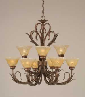 Swan 9 Light Chandelier Shown In Bronze Finish With 7" Amber Crystal Glass