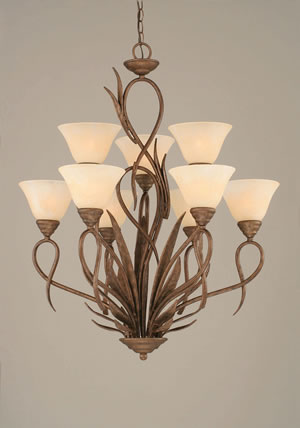 Leaf 9 Light Chandelier Shown In Bronze Finish With 7" Amber Marble Glass
