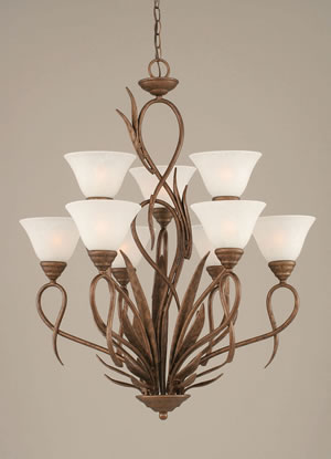 Leaf 9 Light Chandelier Shown In Bronze Finish With 7" White Marble Glass