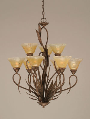 Leaf 9 Light Chandelier Shown In Bronze Finish With 7" Amber Crystal Glass